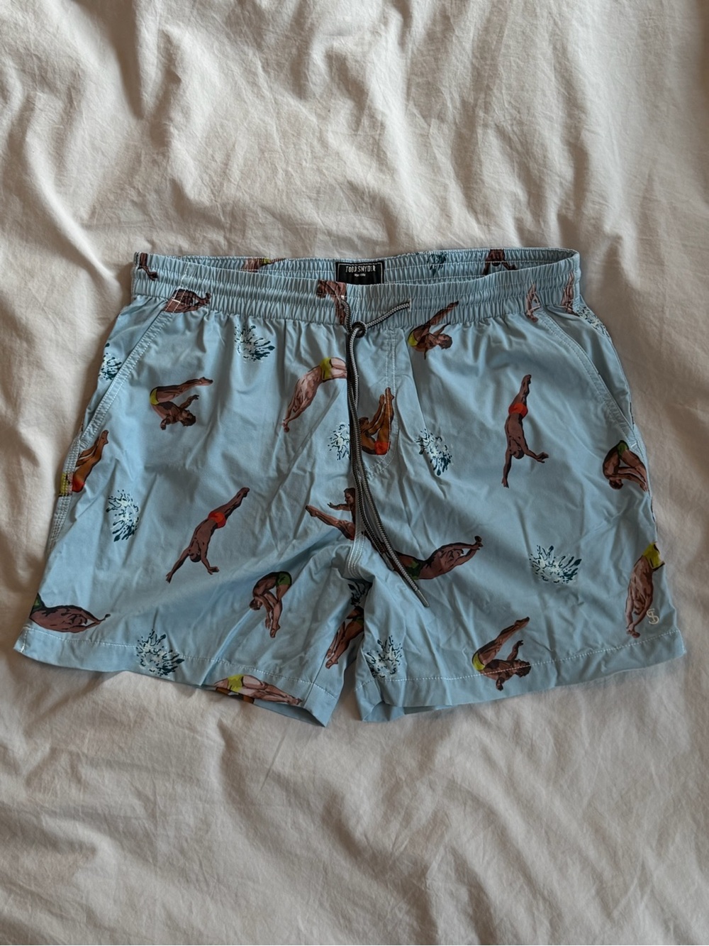 Todd Snyder Light Blue Diver-Print Swim Trunks